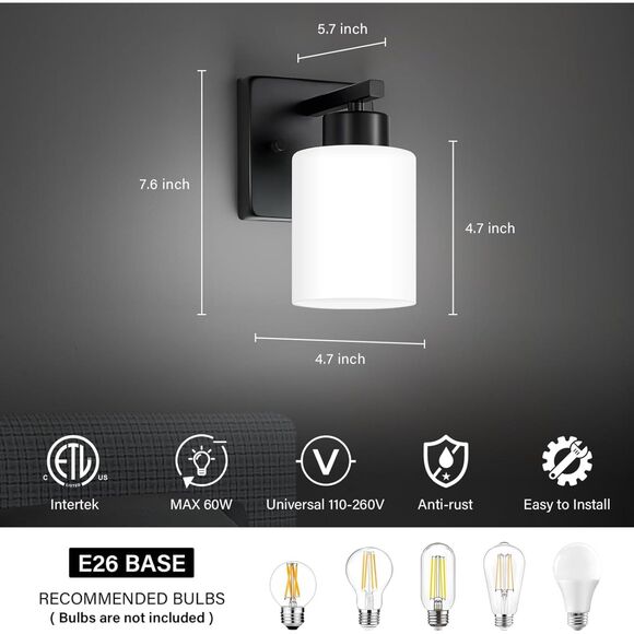 Bathroom Light Fixtures, Matte Black Wall Sconce with Milky White Glass Shade - Picture 5 of 8